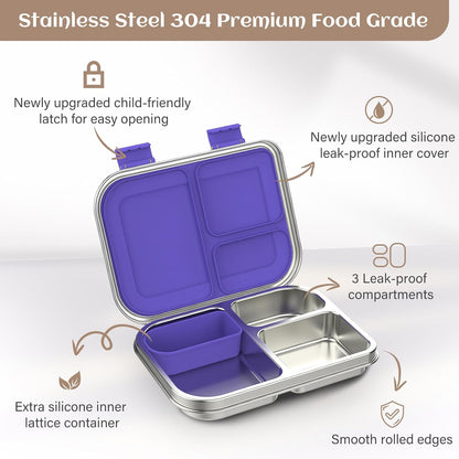 BABHAMNESS Stainless Steel Bento Box Kids, 3 Compartments Leak Proof Metal Bento Lunch Box, 304 Stainless Steel Bento Lunch Containers for School and Office,Dishwasher Safe, BPA-Free-Pink