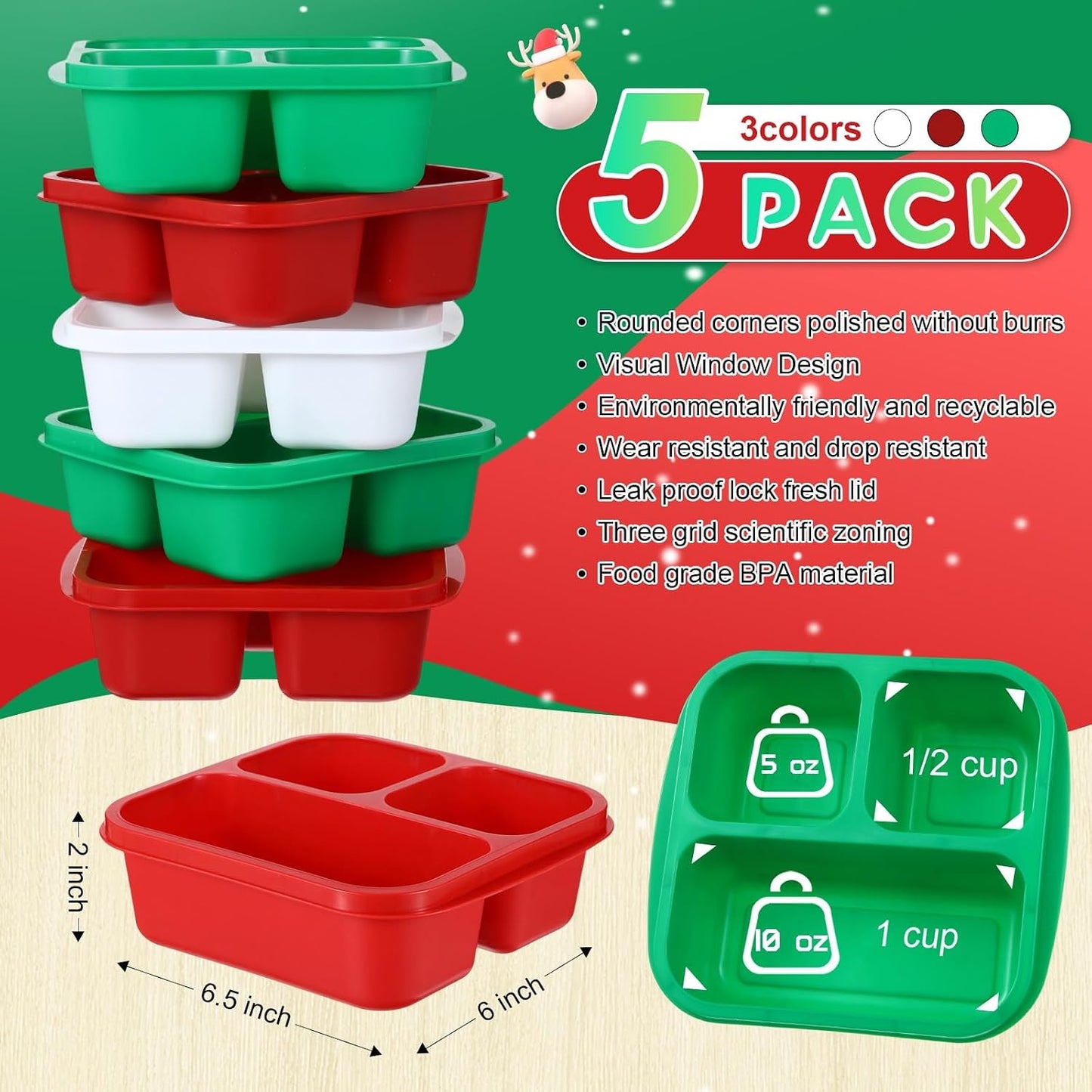 Honeydak 5 Pack Snack Containers 3 Compartment Bento Snack Boxes Divided Meal Prep Containers with Lids Reusable Adults Lunch Food Storage Box for School Work Travel(Elderberry)
