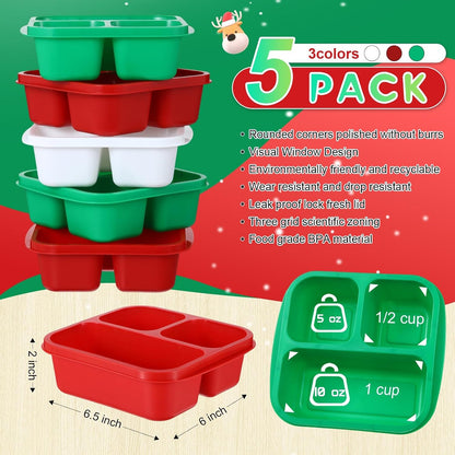 Honeydak 5 Pack Snack Containers 3 Compartment Bento Snack Boxes Divided Meal Prep Containers with Lids Reusable Adults Lunch Food Storage Box for School Work Travel(Elderberry)