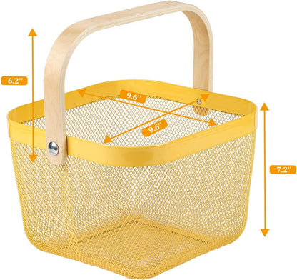 Coloful Metal Mesh Wire Basket with Foldable Wooden Handle,Bin Garden Fruit Vegetable Storage Hanging Harvest Holder for Kitchen Bathroom Picnic (Yellowish Green, Cuboid-15.7 x 9.5 x 7.2“)