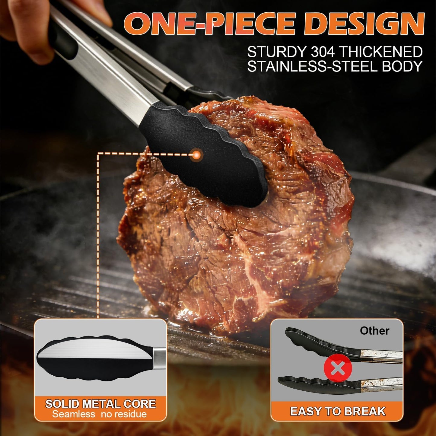 TACGEA Stainless Steel Kitchen Tongs with Silicone Tips, Locking Grilling Food Tongs, 7" 9" and 12", Set of 3 Black