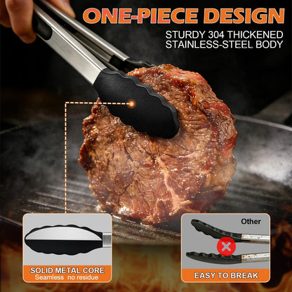 TACGEA Stainless Steel Kitchen Tongs with Silicone Tips, Locking Grilling Food Tongs, 7" 9" and 12", Set of 3 Black