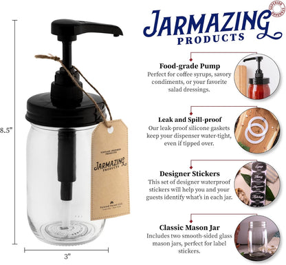 Jarmazing Products Mason Jar Syrup Dispenser - Set of 2 – 16 oz Ball Jars with Rust-Proof, Leak-Proof, Food Grade Pumps for Honey, Syrups, Condiments, Salad Dressings and More