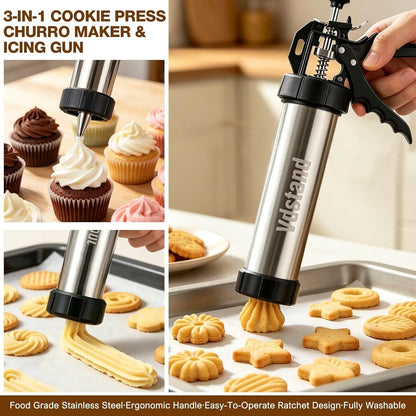 3-in-1 Cookie Press and Churro Maker, Stainless Steel Baking Gun