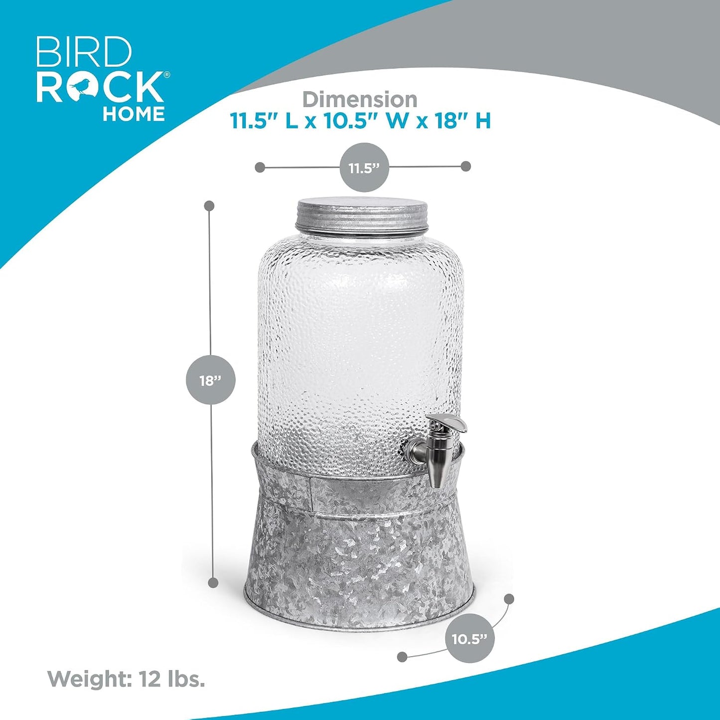 BIRDROCK HOME 2.5 Gallon Pebbled Glass Beverage Dispenser w/Galvanized Stand - Spigot - Large Jar for Water, Lemonade, Sangria, Iced Tea, Punch, Cocktail Drinks - Mason Style Jug for Parties