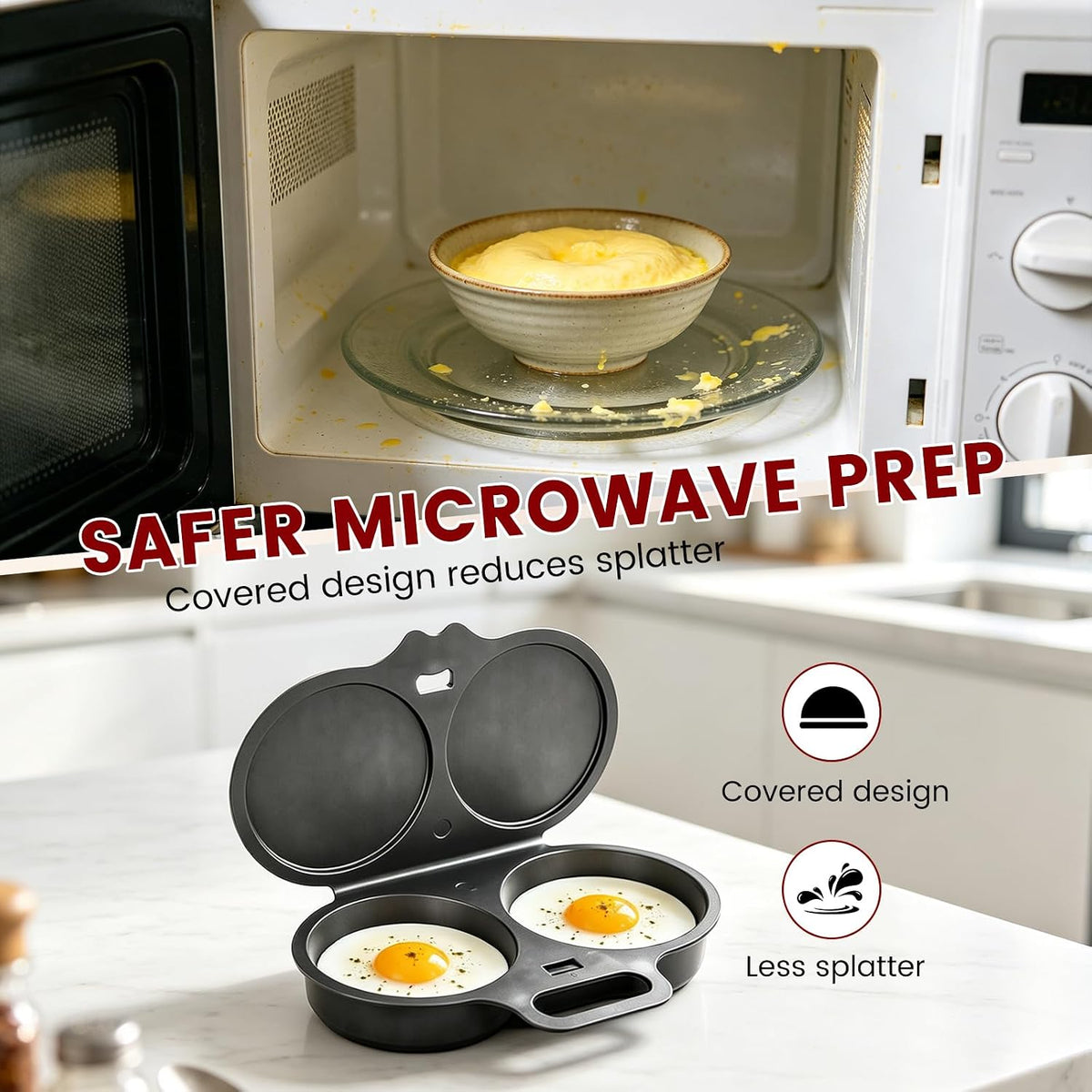 Dual Cavity Microwave Egg Poacher with Lid and Handle, Dark Gray