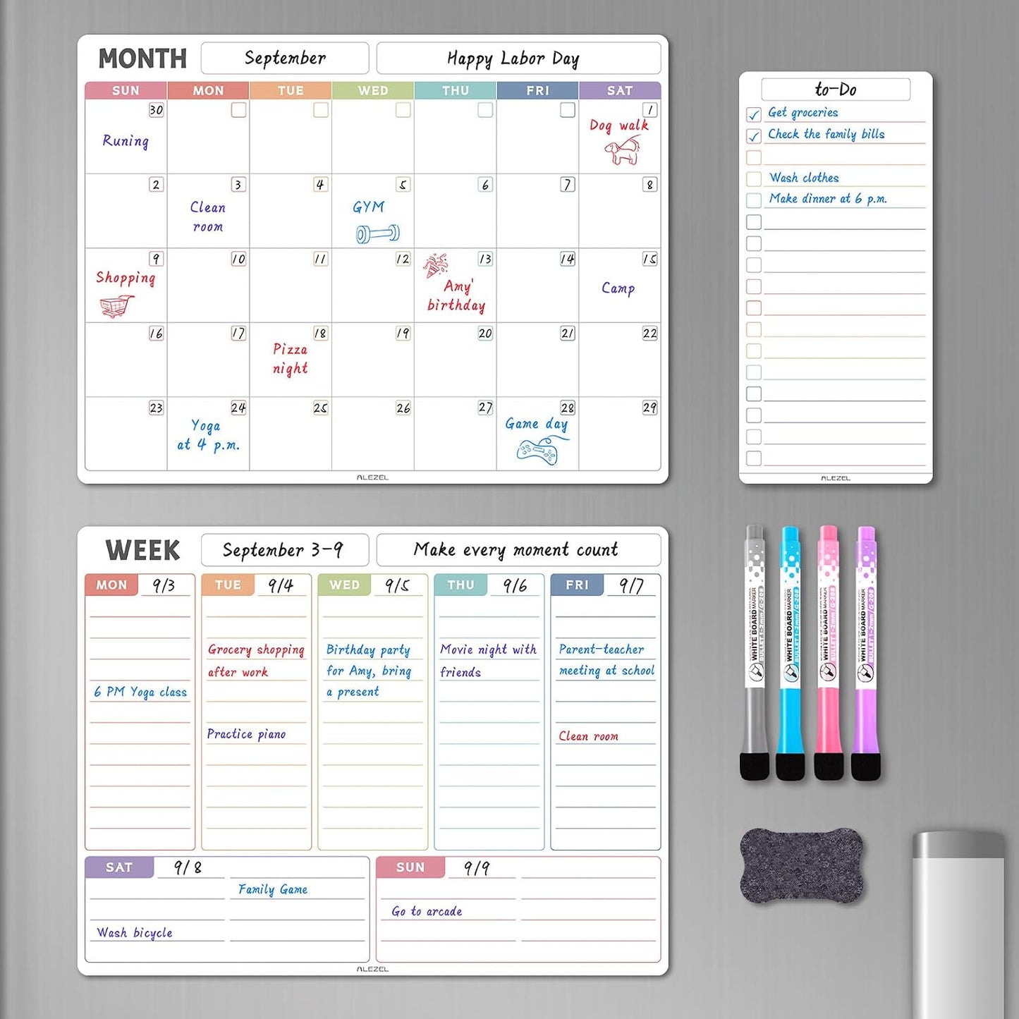 ALEZEL Magnetic Dry Erase Refrigerator Calendar, Dry Erase Calendar White Board Set for Fridge - Magnetic Monthly & Weekly Planner with List Board, 4 Markers + Eraser