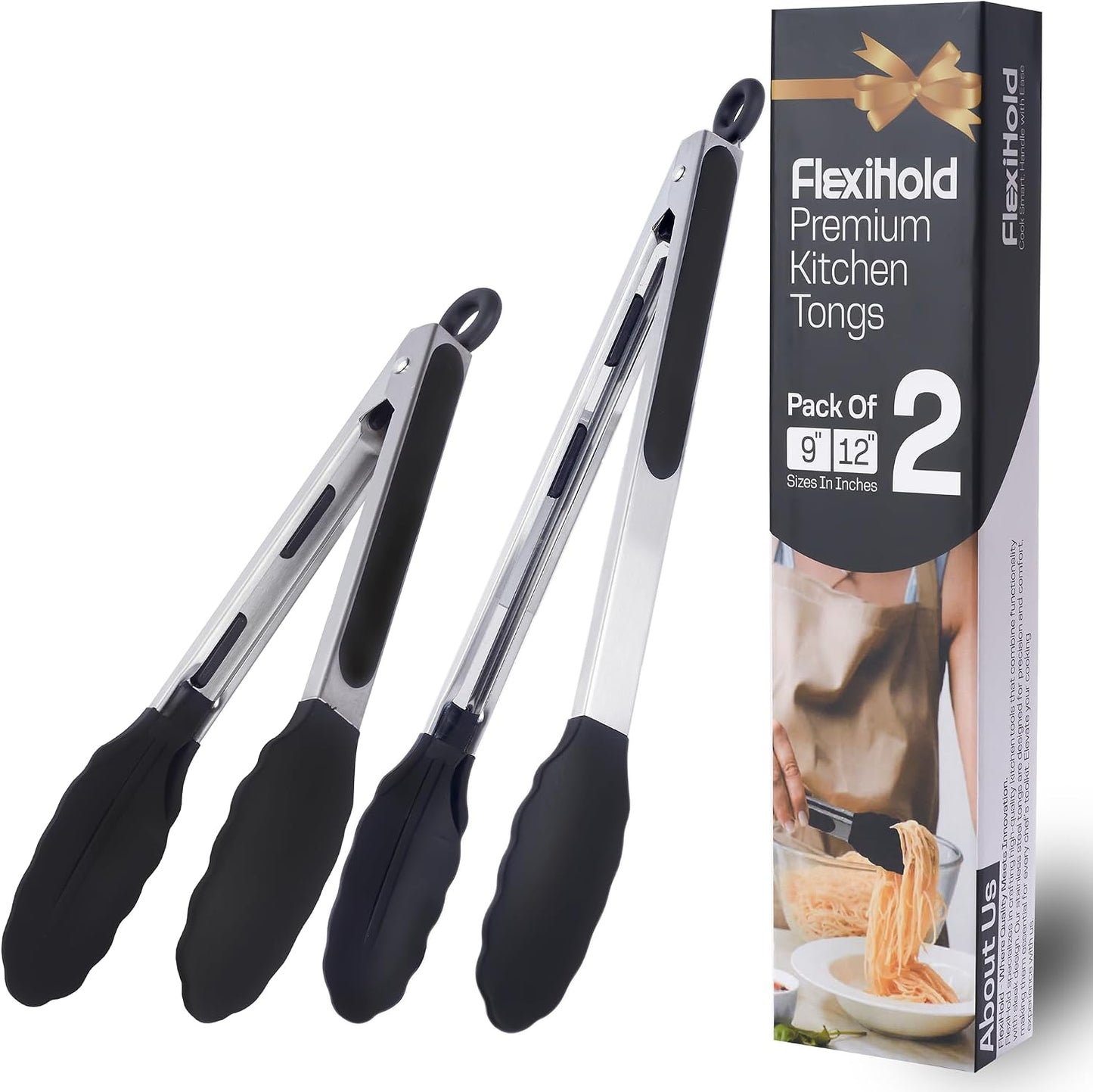 Pack of 3 Stainless Steel Kitchen Tongs with Silicone Tips – Non-Stick Cooking, Grilling & BBQ Tongs for Serving, Dishwasher Safe, 7", 9" & 12", Black
