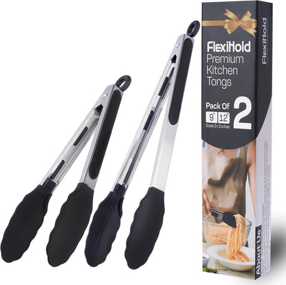 Pack of 3 Stainless Steel Kitchen Tongs with Silicone Tips – Non-Stick Cooking, Grilling & BBQ Tongs for Serving, Dishwasher Safe, 7", 9" & 12", Black