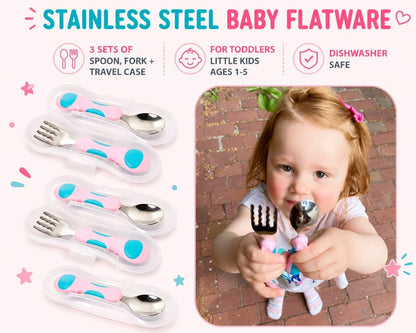 kinsho Toddler Utensils - Kids Silverware Set with Travel Case 3 pack - Stainless Steel Forks Spoons for 1 2 3 4 Years Old. Metal Lunch Box Cutlery for Children Girls, Round Handle, 6 Pieces Pink Blue