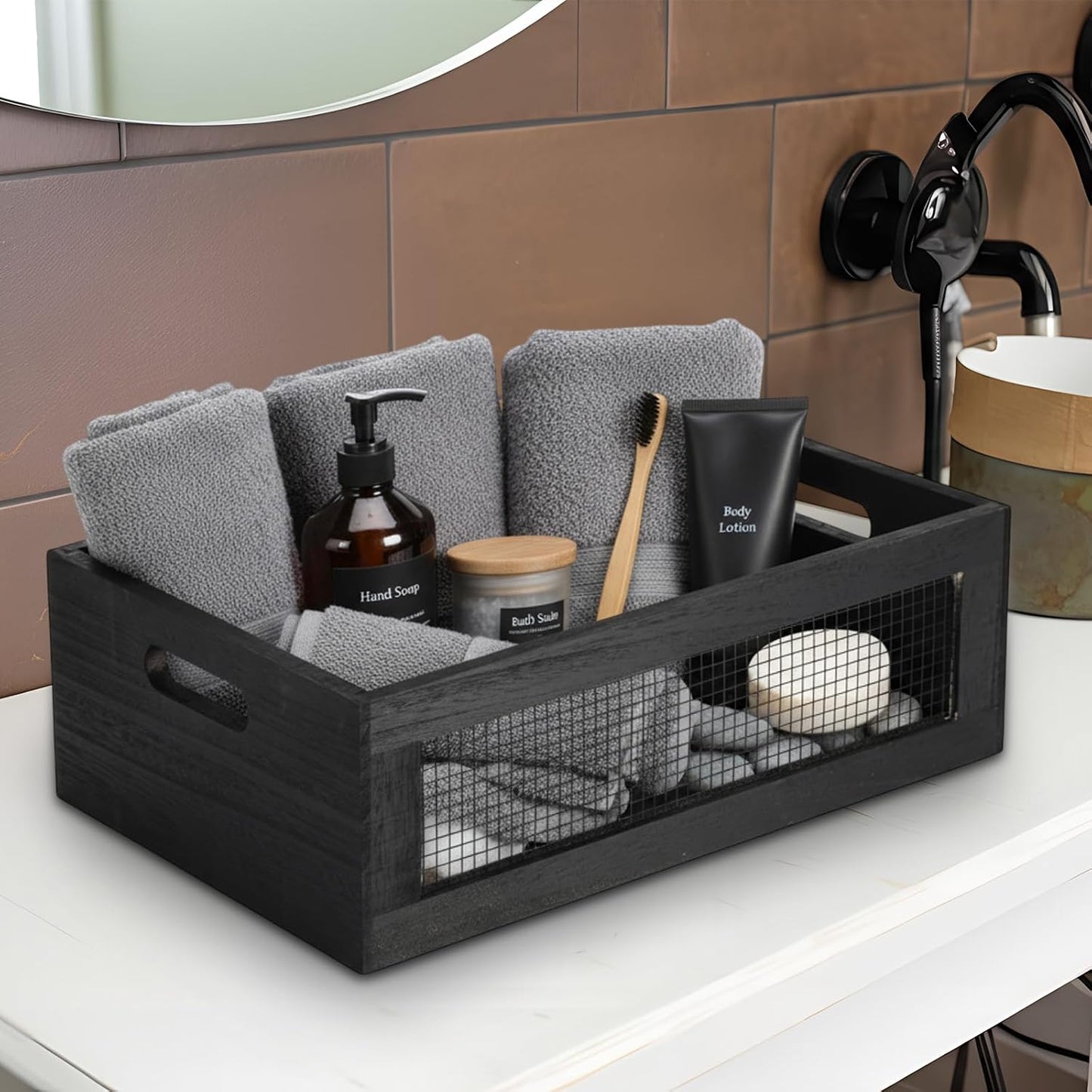 FillTouch 4 Pcs Wooden Nesting Countertop Baskets 4 Size Wooden Storage Box with Handle and Metal Wire Multipurpose Wood Organizer Crate for Fruit Vegetable Kitchen Cabinet Bathroom(Dark Brown,Small)
