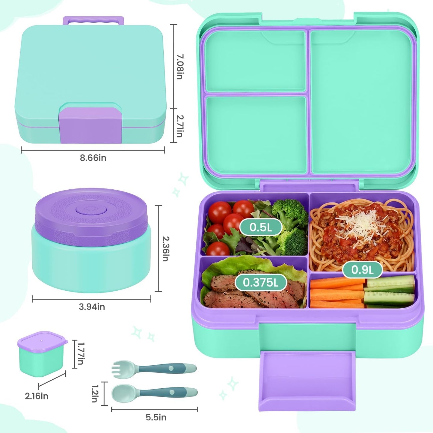 HWONMTE Bento Lunch Box Set for Kids with 9.5oz Soup Thermo Leak-Proof Lunch Food Container with Insulated Lunch Bag Hot Food Jar for Kid Toddler Girls Boys Teens to School,Travel (Green)