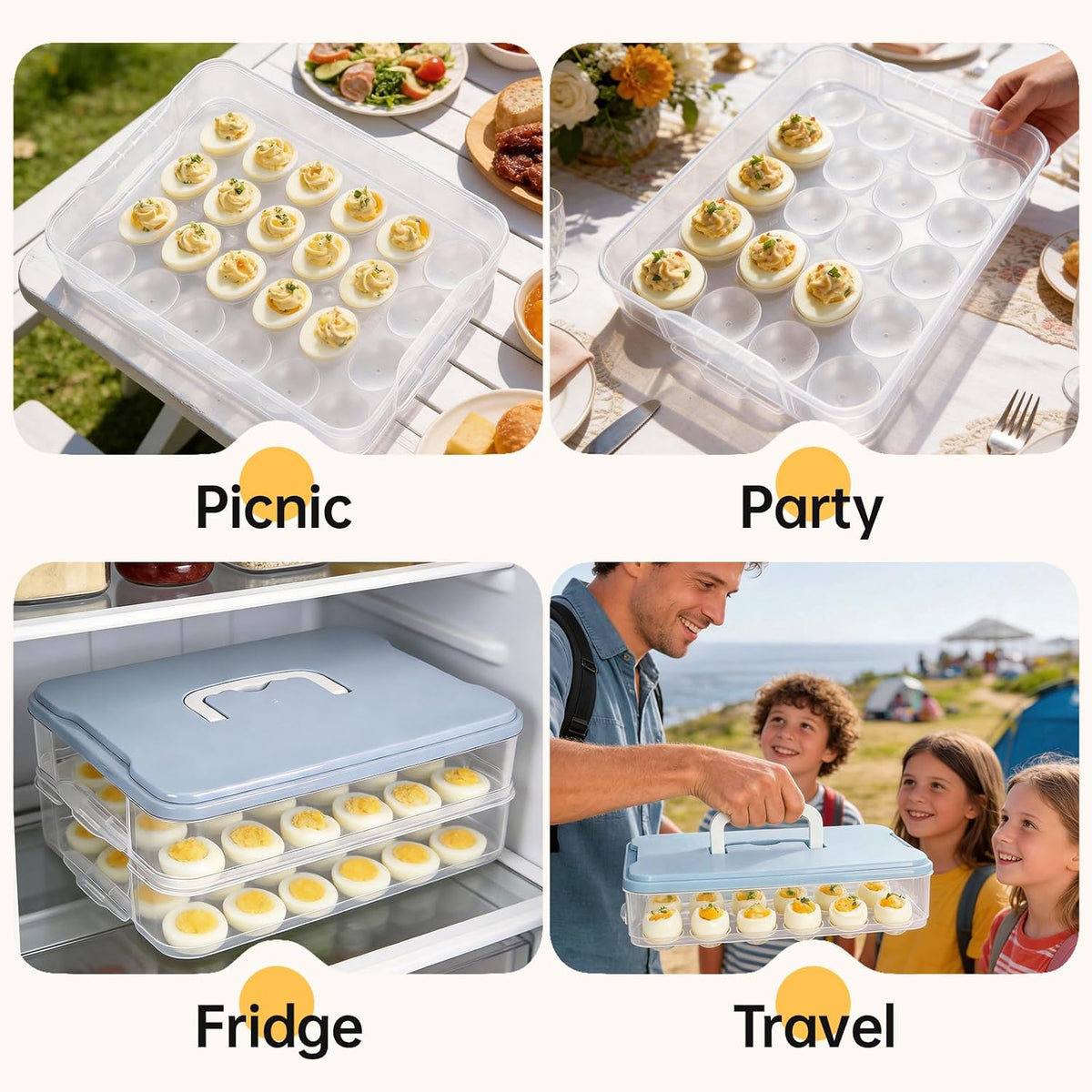 2 Pack Deviled Egg Containers with Lid, Stackable Deviled Egg Holder with Slots for 48 Eggs, Portable Clear Plastic Eggs Carrier with Handle, Perfect for Fridge Storage, Parties, Picnics, and Travel