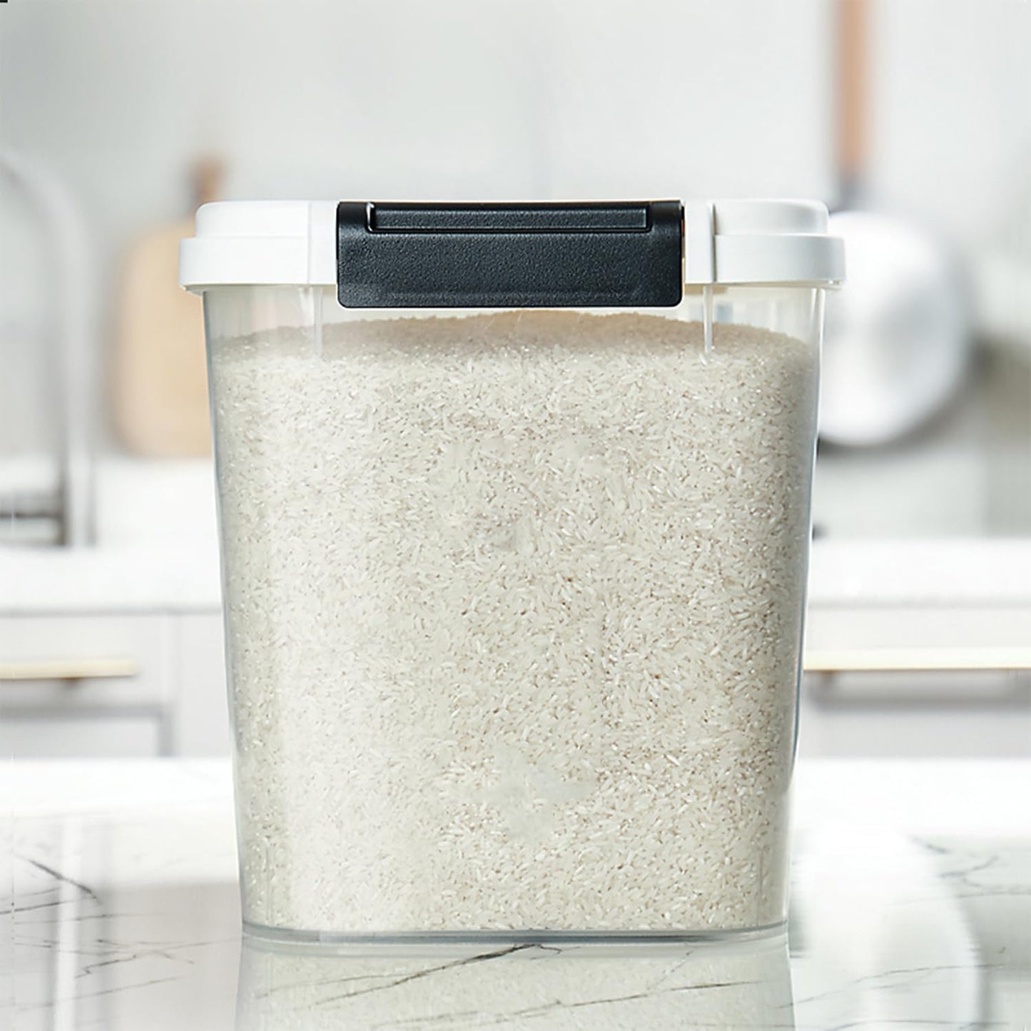 HANAMYA 40 LB Rice Storage Container with Measuring Cup, BPA free, For Rice | Grain | Pet Food | Flour, 1 count, Clear & Black