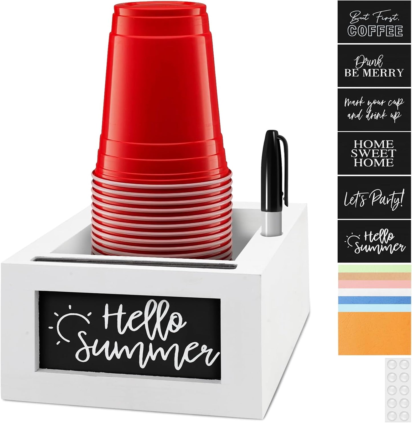 Wooden Cup Holder with Marker Slot, Mark Your Cup and Drink Up with Interchangeable Signs, Party Cup Holder, Wood Cup Dispenser - Rustic Farmhouse Modern Decor | Hostess Gift (Wooden)