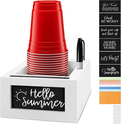 Wooden Cup Holder with Marker Slot, Mark Your Cup and Drink Up with Interchangeable Signs, Party Cup Holder, Wood Cup Dispenser - Rustic Farmhouse Modern Decor | Hostess Gift (Wooden)