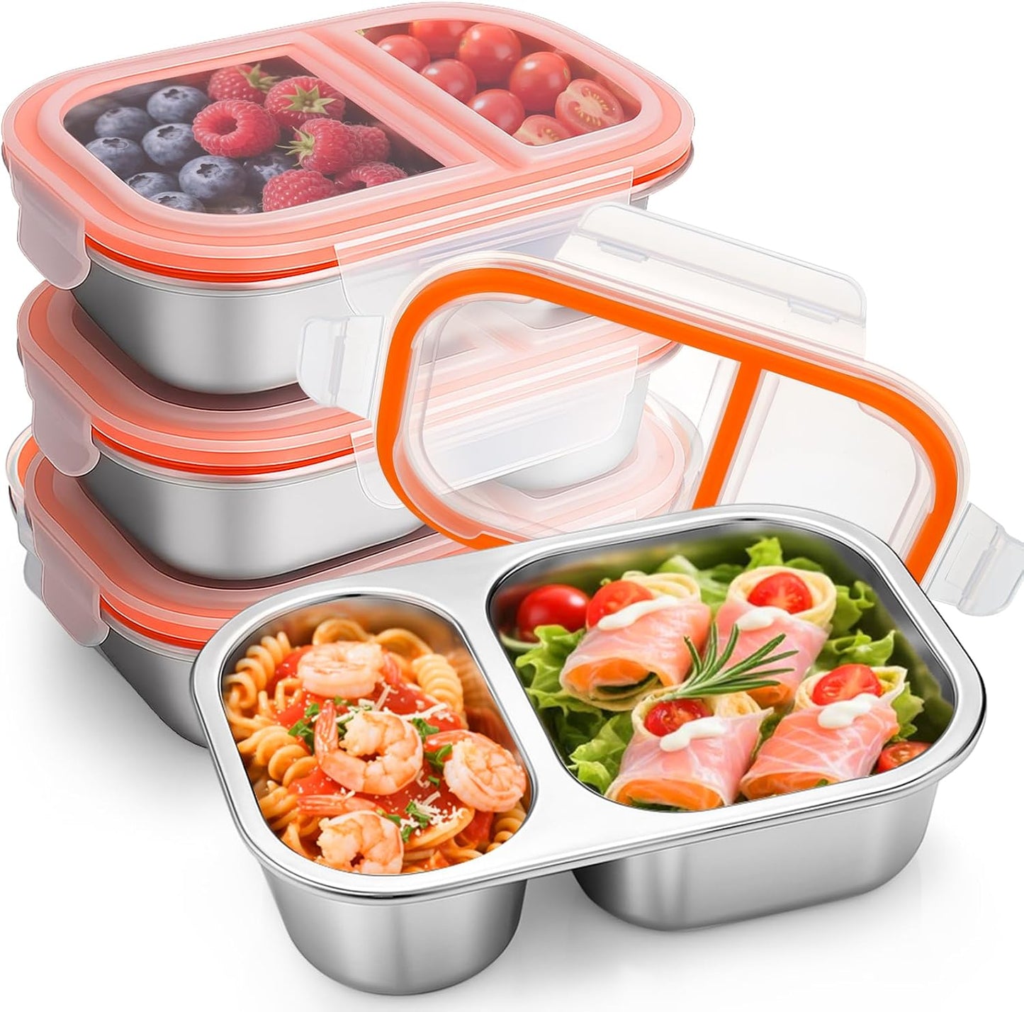 Palksky Lunch Containers Meal Prep Containers Stainless Steel, 2 Compartment Food Storage Containers with Leak-Proof Lids, Reusable Airtight Bento lunch Boxes, Kitchen Storage, Freezer (3 Packs)