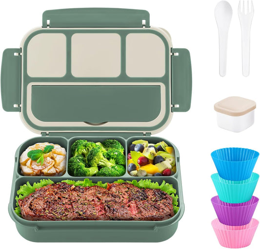 QQKO Bento Box Adult Lunch Box, Bento Box for Kids, 1200 ML Lunch Containers for Adults, Food Storage Container With 4 Compartments, Leak-Proof, Microwave, Dishwasher Safe, Green