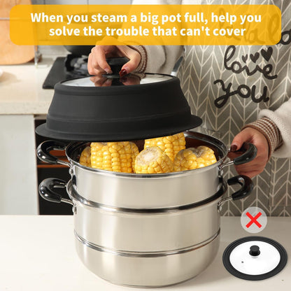 Collapsible Microwave Splatter Lid with Vented Tempered Glass Cover Wok Lid for Microwave Safe, Stockpot Steamer Pot Pan Round Bowl 6" 7" 8" 9" 10" 11" 12" Universal Multifunction Silicone Cover