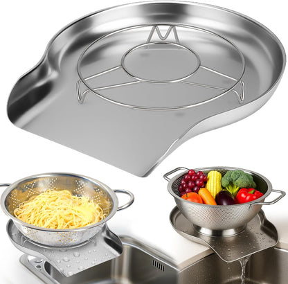 Palksky Stainless Steel Colander Set with Self-Draining Base, 3 Sizes Colanders & Food Strainers for Pasta, Rice, Fruits & Veggies, Metal Colander with Draining Plate for Sink or Countertop