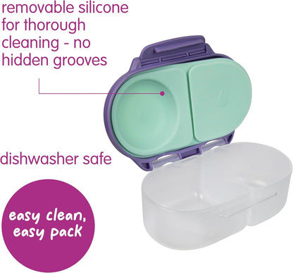 b.box Snack Box 2-Pack - Leak Proof Mini Bento Box for Kids & Toddlers, 2 Compartment Snack Containers for Kids, Dishwasher Safe, BPA-Free, PFAS-Free, Ages 4mo+, 1 3/4 Cup Each (Strawberry + Lilac)