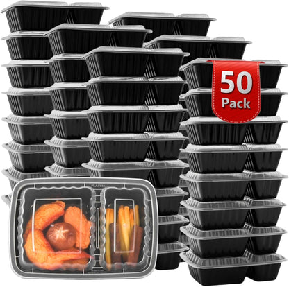 Meal Prep Containers 2 Compartment 15 Pack, 28 oz Divided Reusable Food Storage Containers with Lids Takeout Food Storage Containers Black, Microwave Dishwasher Freezer Safe, Stackable, BPA Free