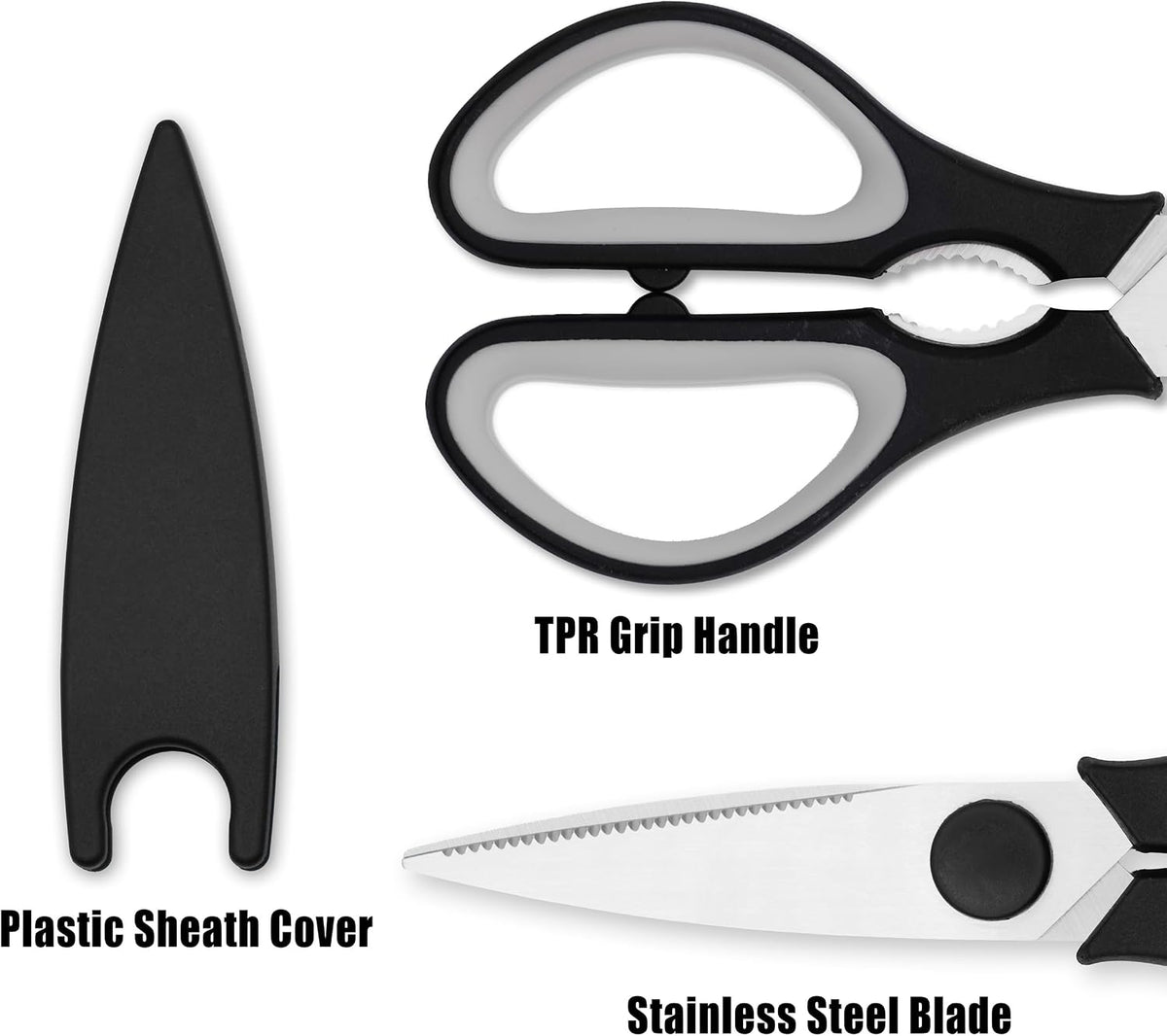 Grip Multi-Purpose Stainless Steel Kitchen Scissors - Non-Slip TPR Grip - Serrated Blade - Cuts Meat, Vegetables, Fish, Poultry, Fruits, Pizza - Nut cracker/Bottle opener - Dishwasher Safe (Blk/Grey)