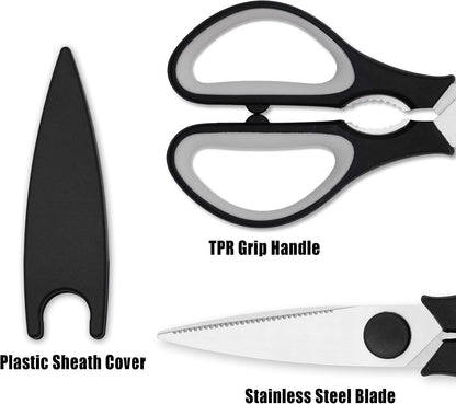 Grip Multi-Purpose Stainless Steel Kitchen Scissors - Non-Slip TPR Grip - Serrated Blade - Cuts Meat, Vegetables, Fish, Poultry, Fruits, Pizza - Nut cracker/Bottle opener - Dishwasher Safe (Blk/Grey)