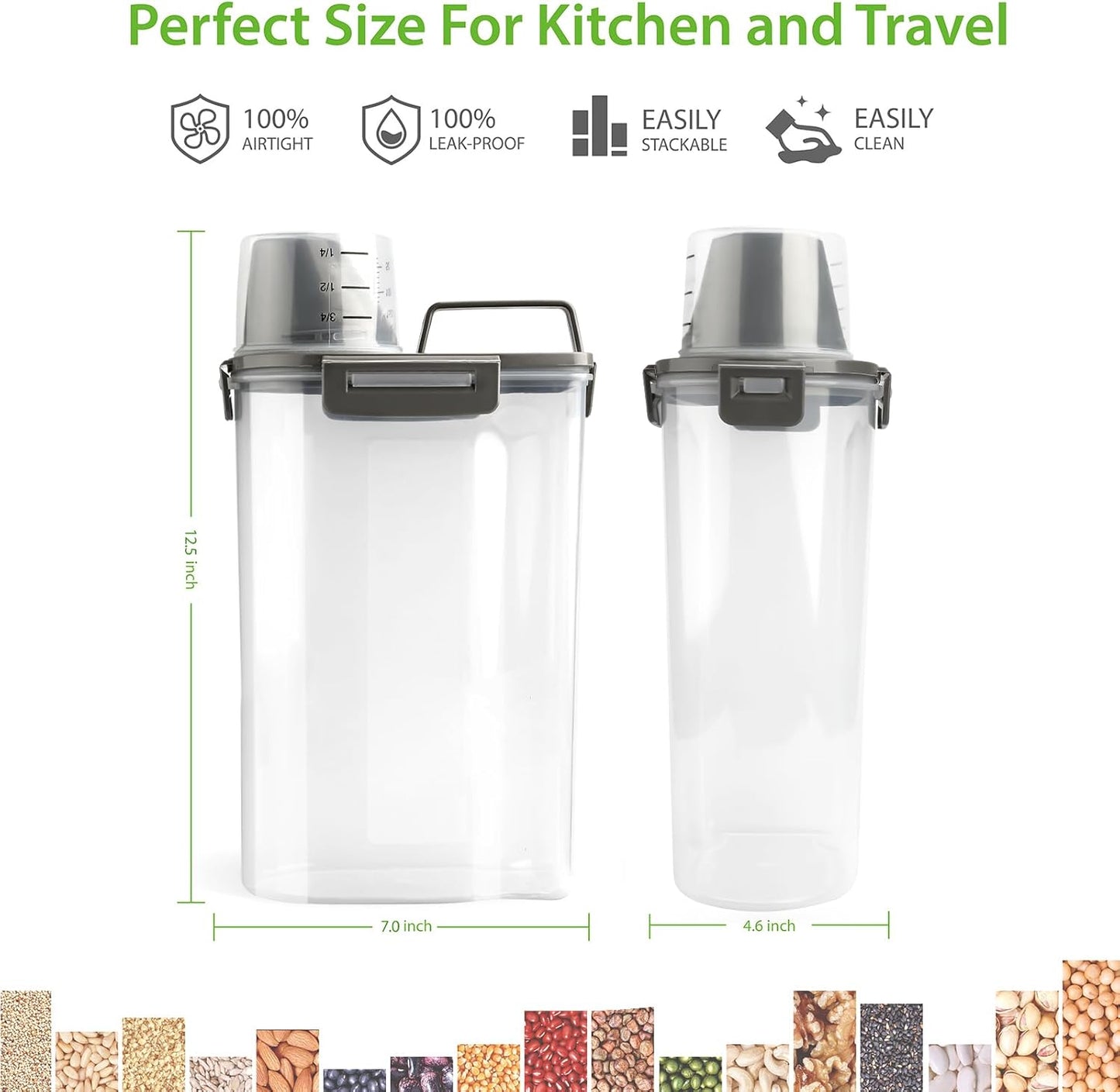 Viretec Rice Storage Container, 15 to 20lb Dry Food Airtight Dispenser, Pet Dog Cat Food Canister, BPA Free Clear Plastic Kitchen and Pantry Bin for Oatmeal, Cereal, Pasta, Flour Pack of 2 Grey