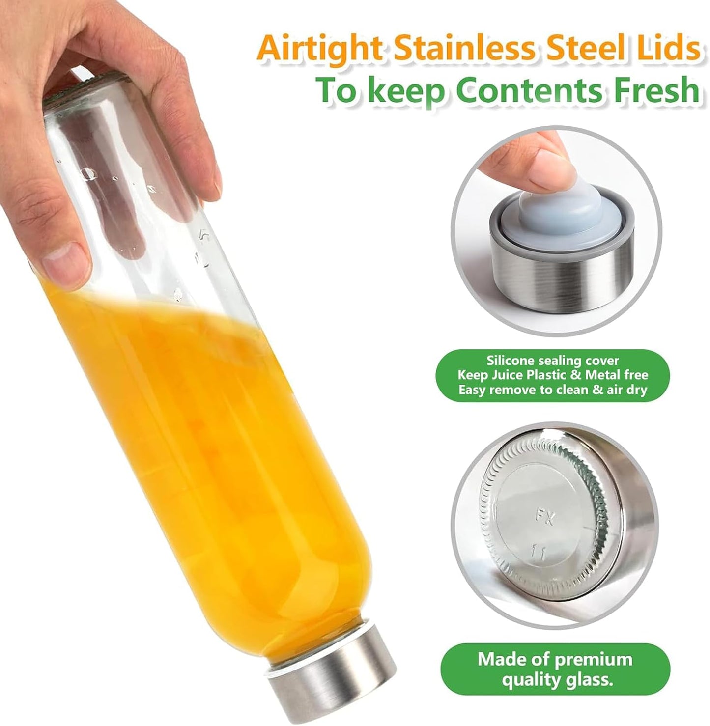 Zukro Glass Juice Bottles with Lids for Juicing 18 oz, Reusable Clear Glass Water Bottles with Stainless Steel Airtight Cap for Refrigerator, 100% Leak Proof Drinking Jar, BPA Free, Set of 6