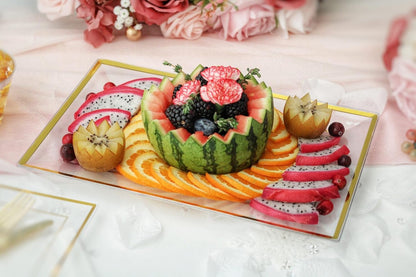 Elegant Plastic Serving Tray & Platter Set (6pk) - White & Gold Rim Disposable Serving Trays & Platters for Food - Weddings, Upscale Parties, Dessert Table, Cupcakes - 8 x 12.85 inches