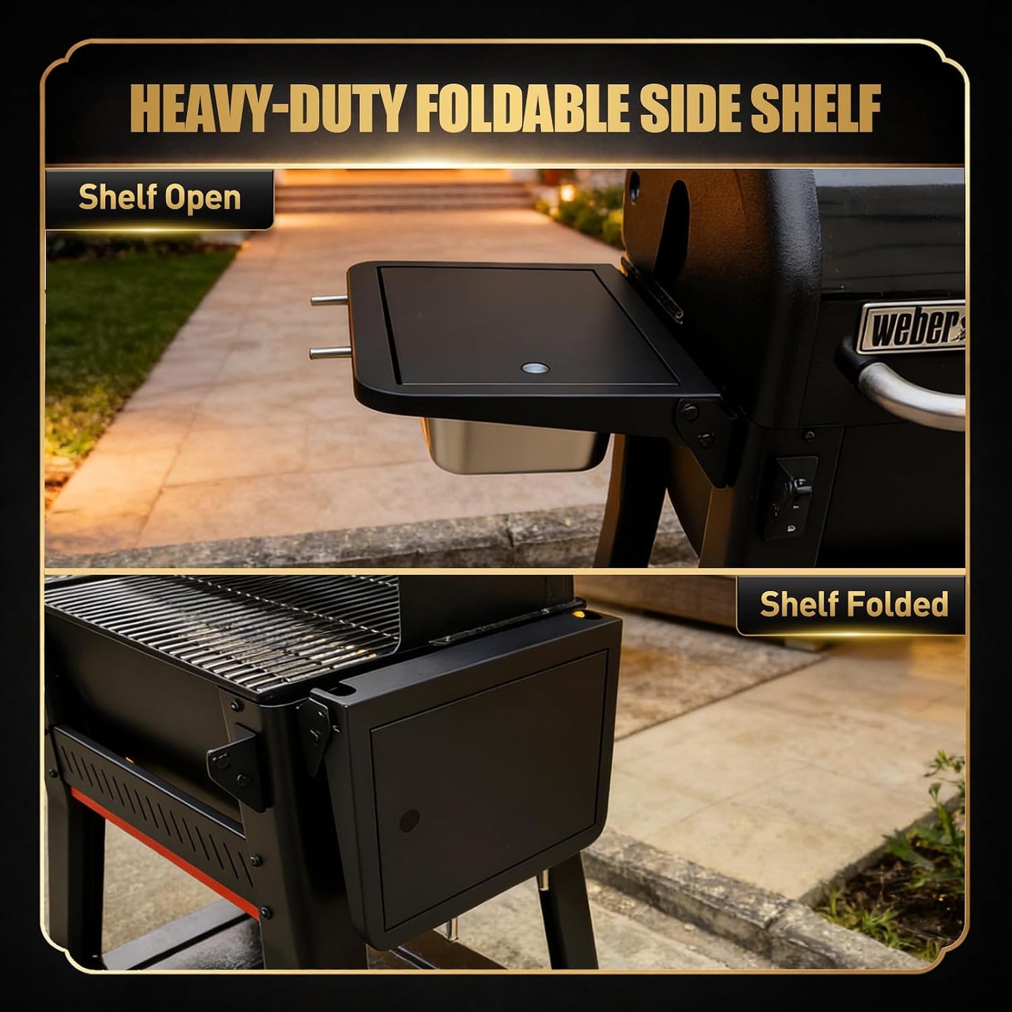 QuliMetal Folding Front Shelf for Traeger Pro 34, Texas Elite 34, Century 885 and Eastwood 34, 37" x 12" Heavy-Duty Grill Prep Table with Cutting Board, Stainless Steel Basin, Lid and 5 Hooks