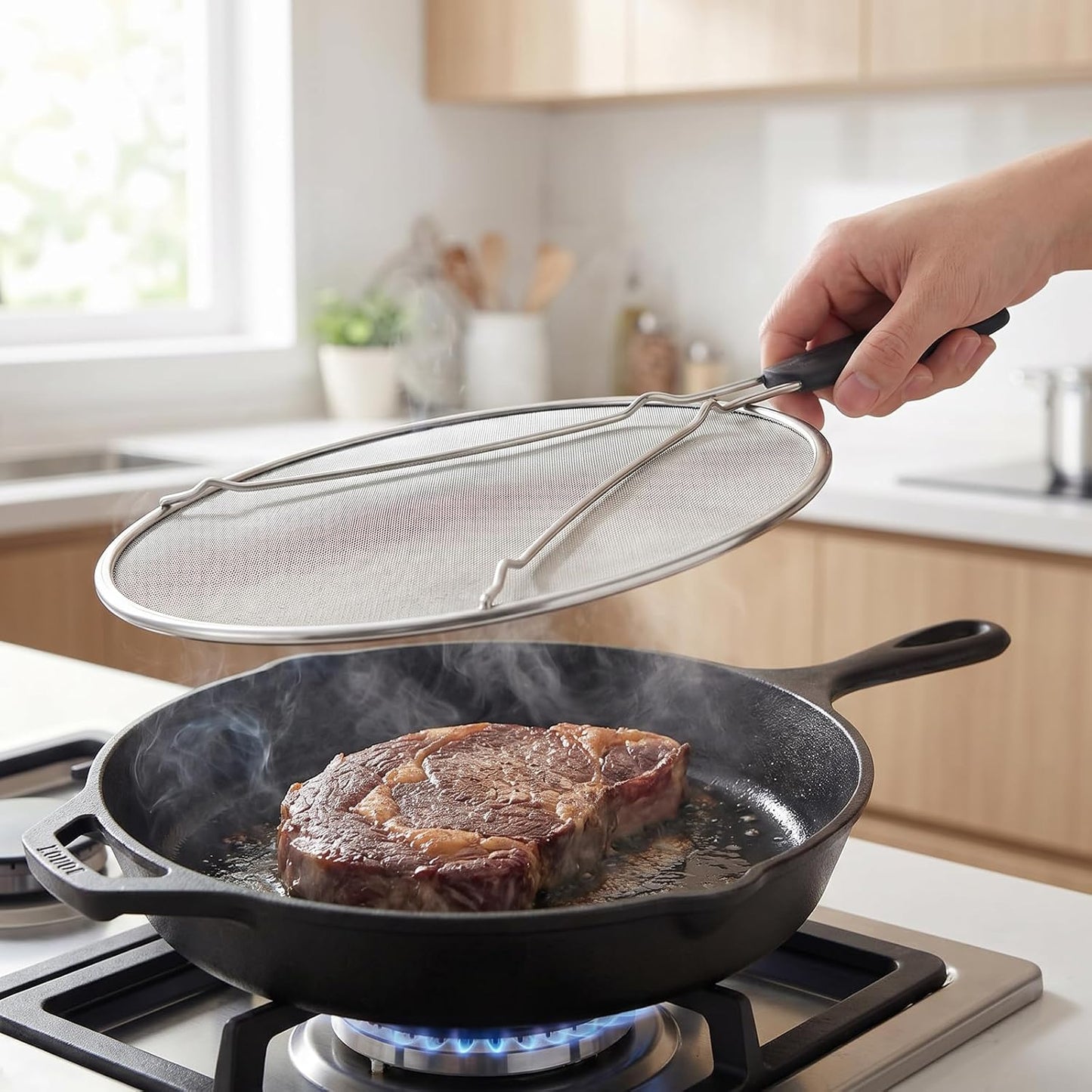 Splatter Screen, 10’’ Stainless Steel Splatter Guard for Frying Pan Grease Splatters Guard with Grip Handle Fine Mesh Oil Splash Screen Pan Cover When Sizzling Bacon, Cooking Fried Chicken or Popcorn