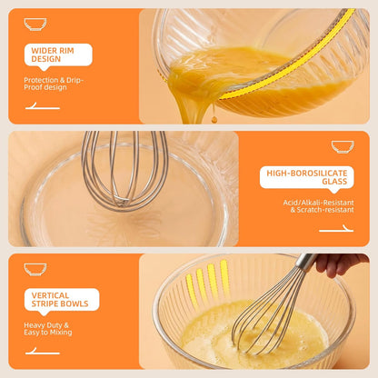 Jelife Glass Mixing Bowls with Lids Set - 5 Packs, Borosilicate Nesting Glass Bowls (3.7-2.1-1-0.5-0.2QT) for Baking, Salad, Meal Prep, Serving, Food Storage, BPA Free & Dishwasher Safe