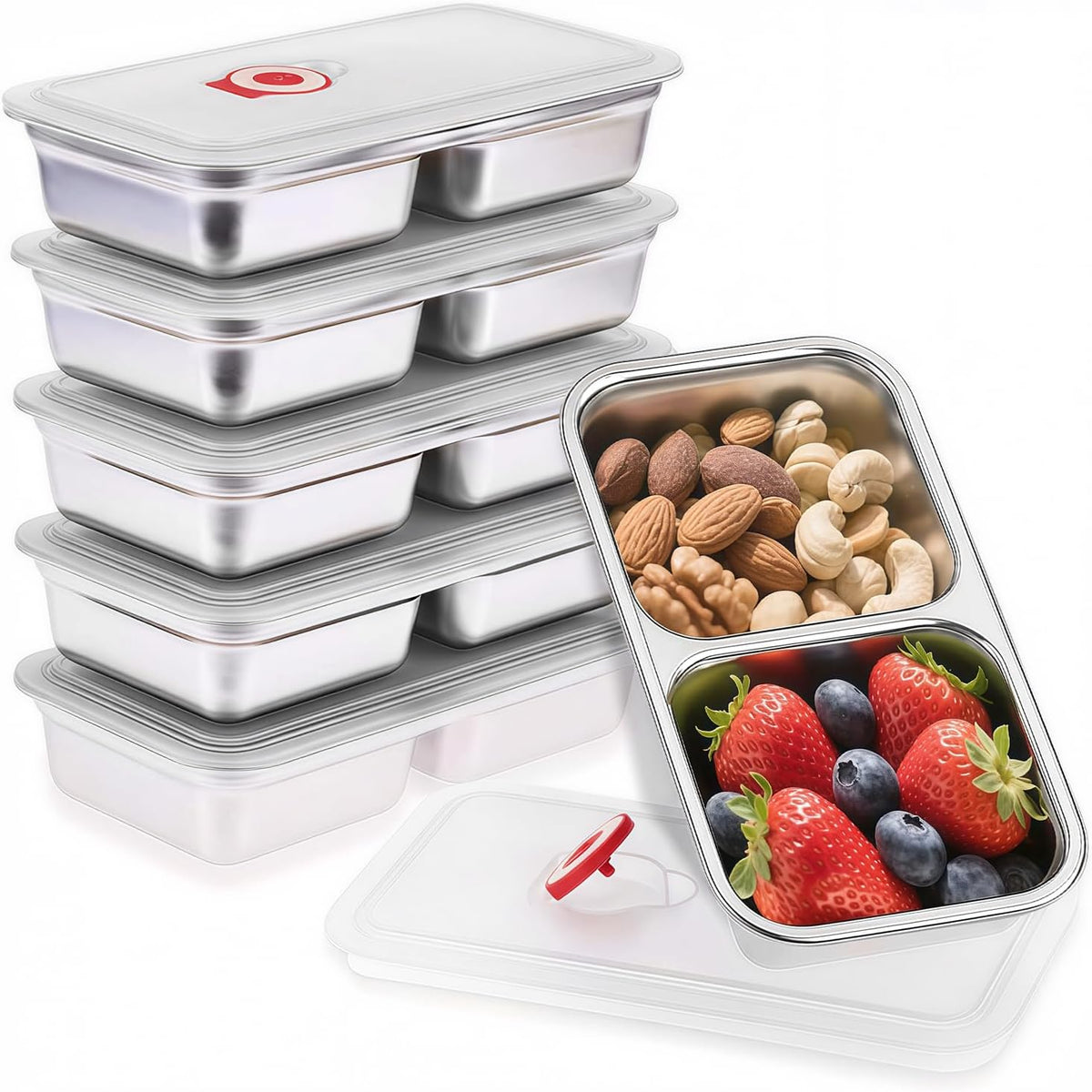 Stainless Steel Snack Containers, 6-Pack Reusable Grab and Go Containers with Lids, Dual Compartment Bento Box for Travel, Camping & Lunch Prep