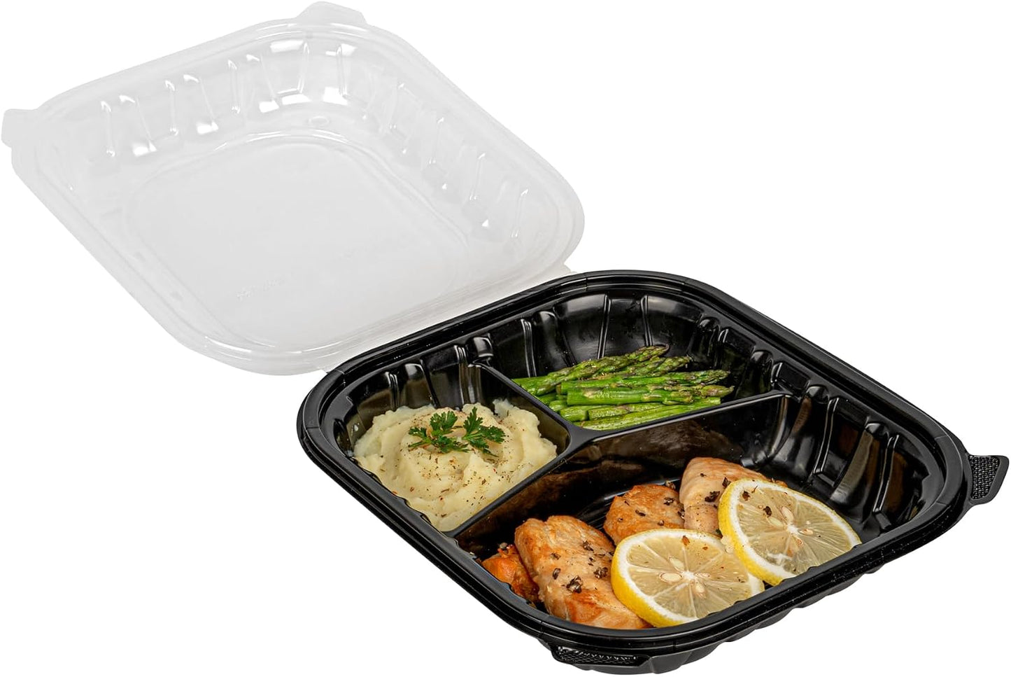 Thermo Tek 40 Ounce Clamshell Containers, 50 Disposable Take Out Boxes - 3 Compartments, Ventilated Lids, Black Plastic Meal Prep Containers, Microwavable, For Pasta Or Salads - Restaurantware