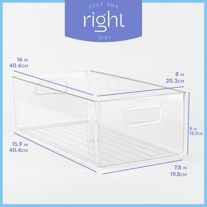 Plastic Food Storage 4 Pack Clear Container Bin with Handles for Organizing Kitchen, Pantry, Refrigerator, Freezer, Pantry, Cabinet, Closet, Bathroom. Stackable 10”x6”x3”