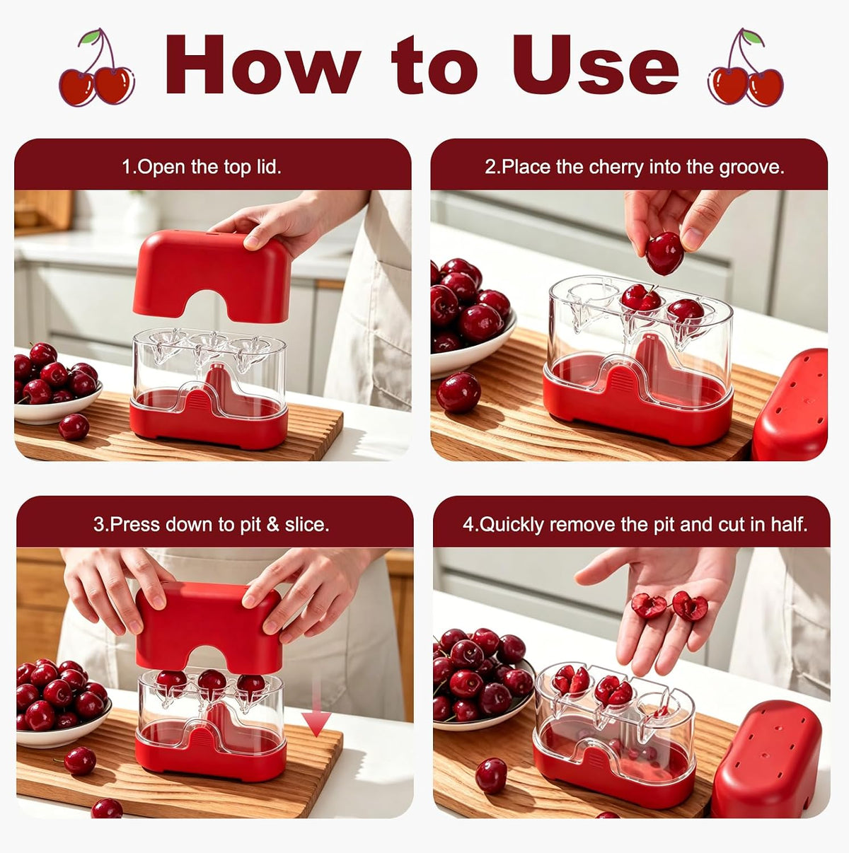 Cherry Pitter and Slicer, 3-Cherry Pit Remover Tool, Red