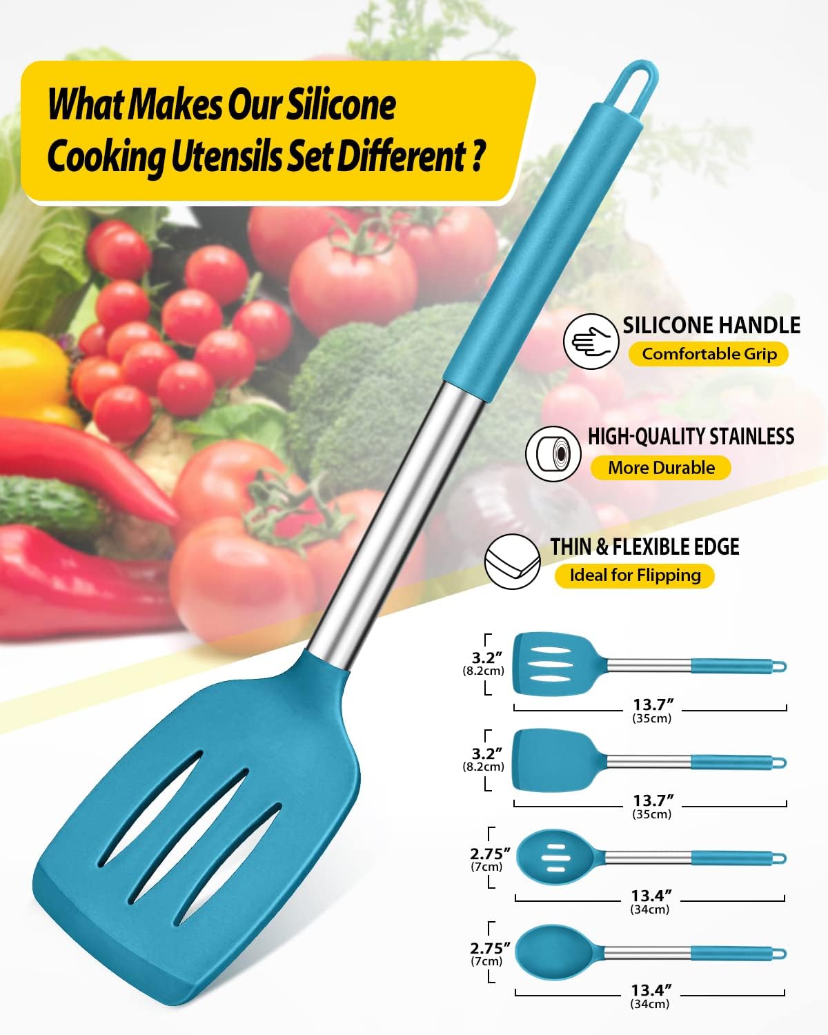 Pack of 4 Silicone Cooking Utensils Set, Non Stick Large Solid Spatulas, Heat Resistant Black Slotted Spoons, Ideal BPA Free Kitchen Turners for Frying, Mixing,Serving,Draining,Turning,Stirring