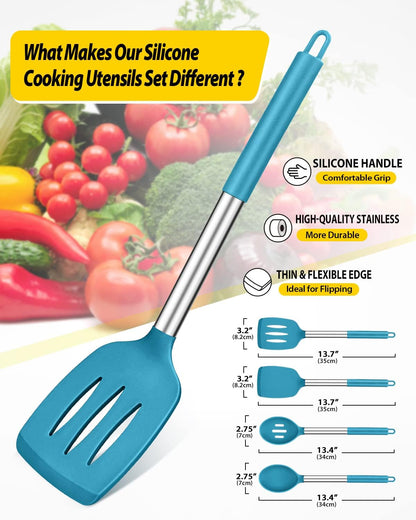 Pack of 4 Silicone Cooking Utensils Set, Non Stick Large Solid Spatulas, Heat Resistant Black Slotted Spoons, Ideal BPA Free Kitchen Turners for Frying, Mixing,Serving,Draining,Turning,Stirring