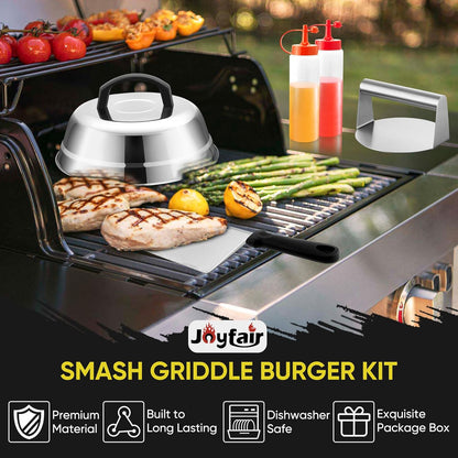 Smash Burger Kit Griddle Accessories (6Pcs), Joyfair 9in Basting Cover with Grill Spatula & Bacon Press Set, Stainless Steel Hamburger Turner, Melting Dome, Patty Press for Outdoor BBQ Kitchen Cooking