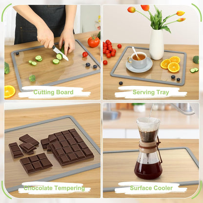 Cutting Board, Tempered Glass Cutting Board for Kitchen Counter, 2Pcs Chopping Board Set with Non-Slip Silicone Edges, Heat Resistant, Dishwasher Safe, Kitchen Decoration