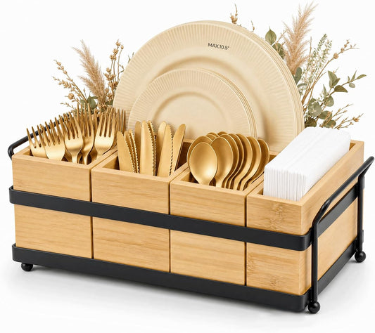 5-in-1 Bamboo Utensil Caddy and Paper Plate Organizer - Wooden Silverware Caddy with Napkin Holder and Portable Handle - Flatware Organizer for Kitchen Countertop, Camper RV, Buffet Party
