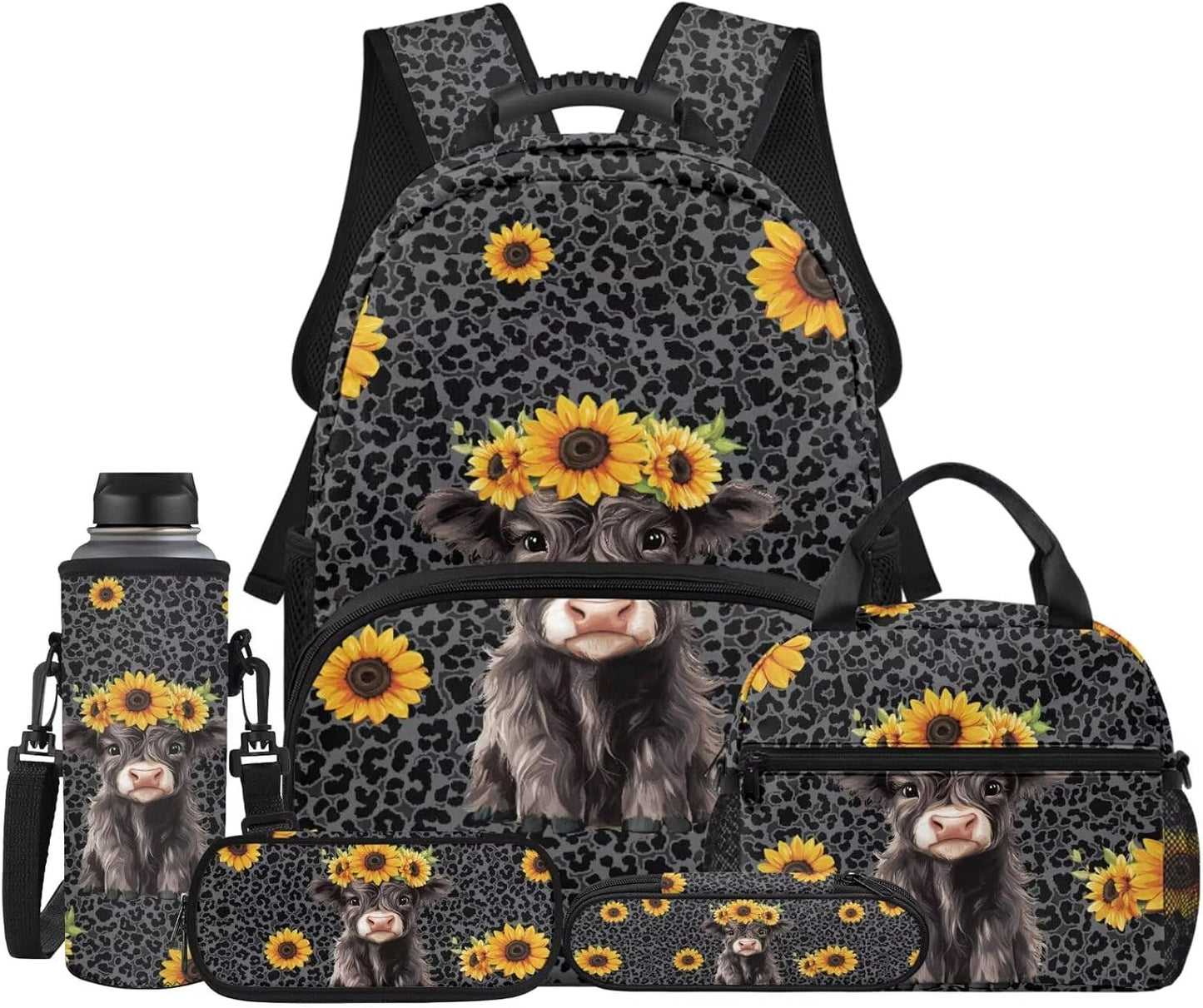 Highland Cow Backpack with Lunch Box Set for Kids Sunflower School Backpack for Girls Boys Back to School Bag Student Travel Backpacks Reusable Utensils Pen Case Water Bottle Bag 5PCS