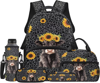 Highland Cow Backpack with Lunch Box Set for Kids Sunflower School Backpack for Girls Boys Back to School Bag Student Travel Backpacks Reusable Utensils Pen Case Water Bottle Bag 5PCS