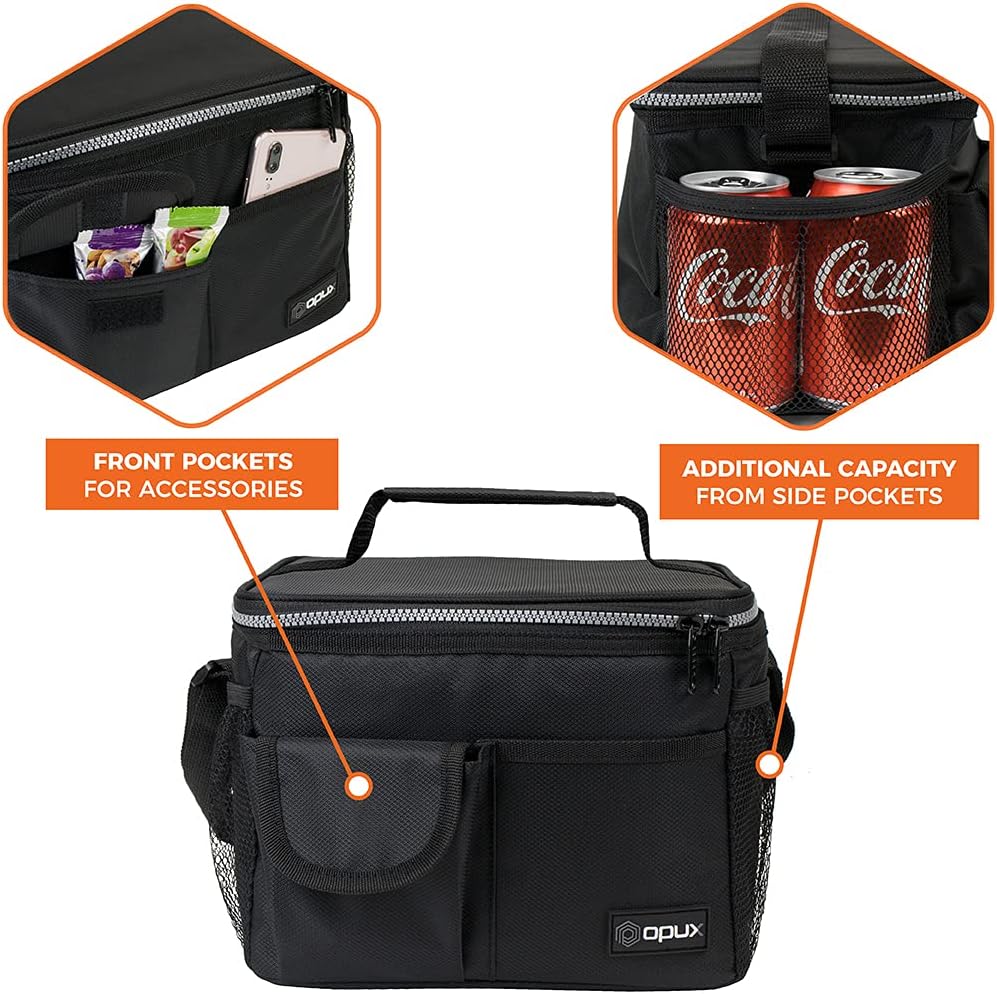opux Insulated Lunch Bag for Men Women, Leakproof Black Lunch Box for Work, Portable Soft Lunch Cooler Bag with Shoulder Strap, Adult Lunchbox Lunch Pail for Kid Boy Girl School, 14 Can/8L