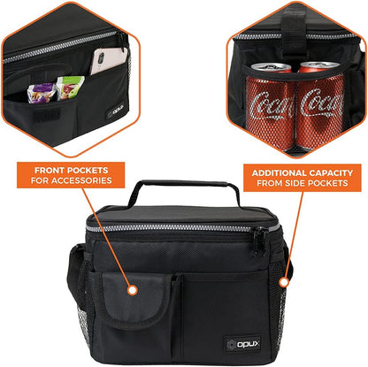 opux Insulated Lunch Bag for Men Women, Leakproof Black Lunch Box for Work, Portable Soft Lunch Cooler Bag with Shoulder Strap, Adult Lunchbox Lunch Pail for Kid Boy Girl School, 14 Can/8L