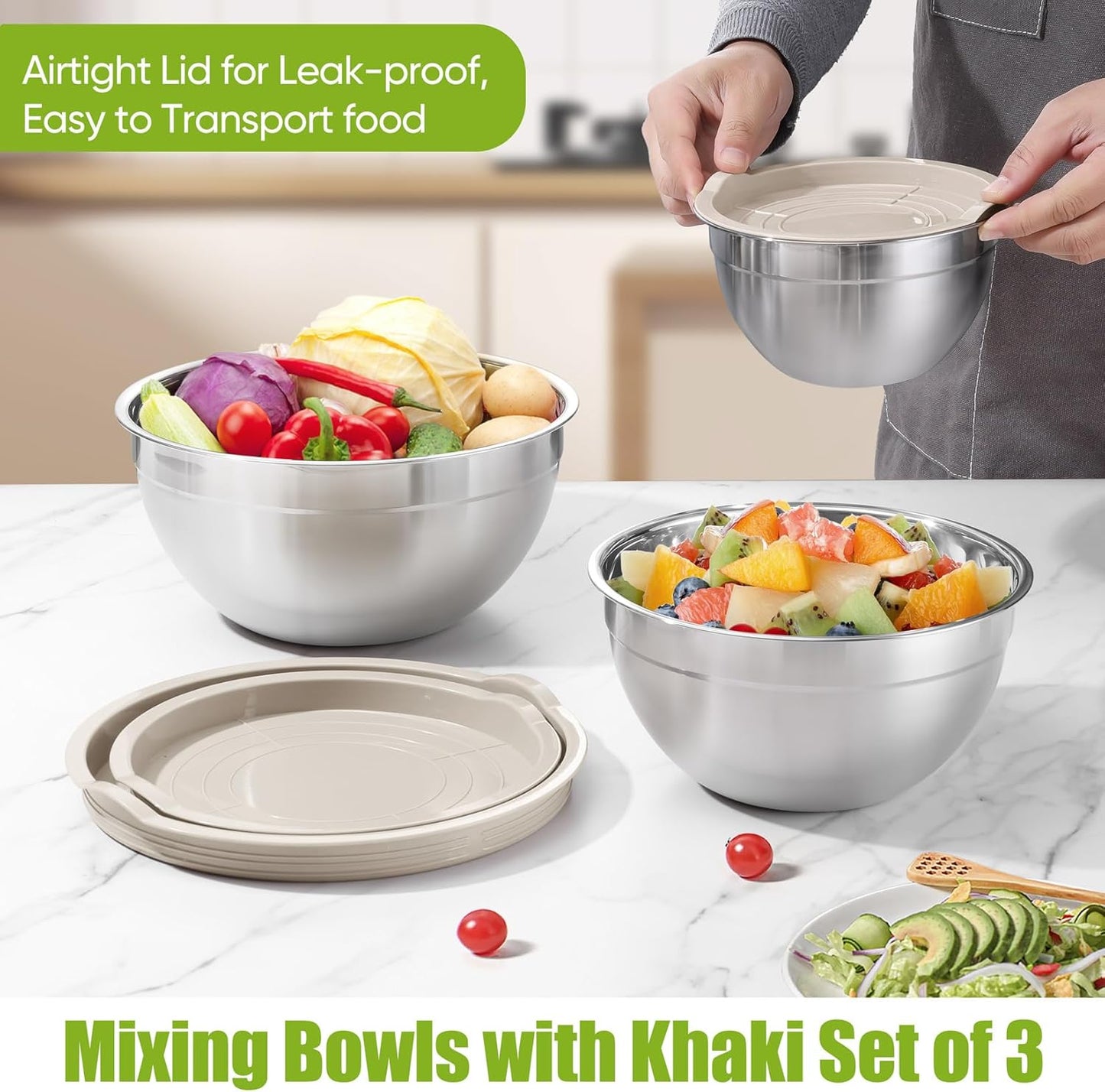 P&P CHEF Black Mixing Bowls with Lids, Set of 3, Stainless Steel Salad Nesting Bowl for Mixing, Storing, Prepping, Airtight & Stackable, Size 4.6/3 /1.5 QT