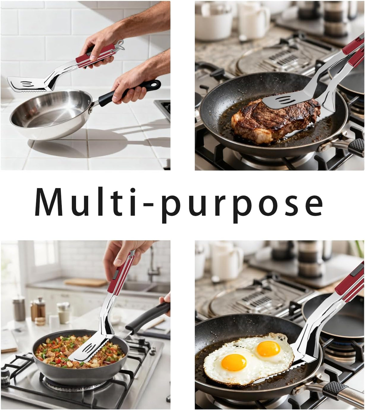 13.5-inch Stainless Steel Tongs for Cooking – Versatile Metal Spatula Tongs for Flipping, Picking Up, Cutting, and Stir-Frying Meats and Other Foods. Kitchen Tongs Durable and Multifunctional.(White)