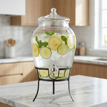 Style Setter Beverage Dispenser Cold Drink Dispenser Glass Jug, Metal Stand & Leak-Proof Acrylic Spigot Great for Parties, Weddings & More (With Metal Rack)